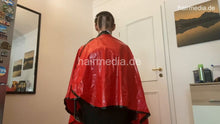 Load image into Gallery viewer, 2012 230722 home salon buzz headshave in red pvc cape