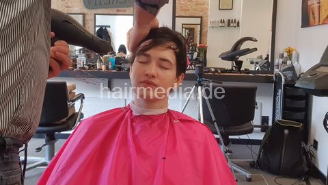 Artur firm scalp massage using lots of Alpecin tonic and blow dry twister style by barber, girlfriend is watching
