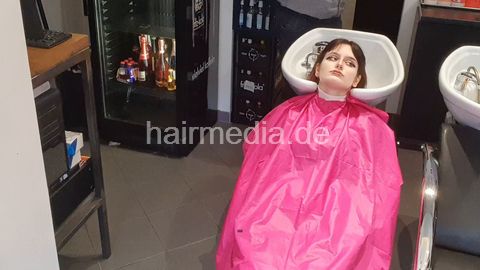NatalieK backward shampooing by barber in pink multiclosure cape while boyfried is watching