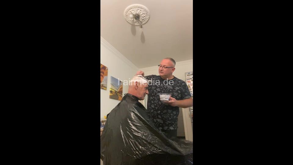 2012 20250809 headshave buzz and shaving cream raincoat