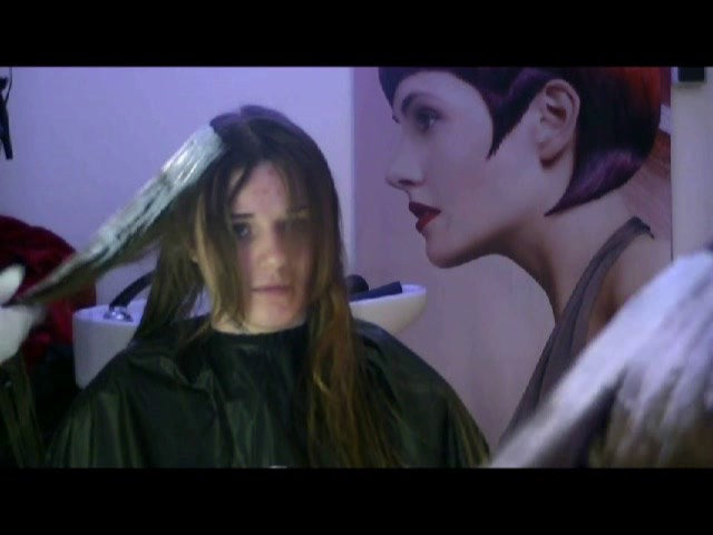 Teen Ardita going blonde - by barber