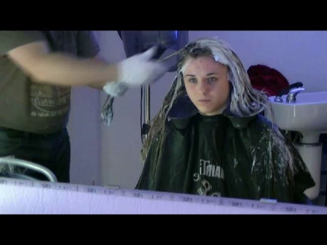 Teen Ardita going blonde - by barber