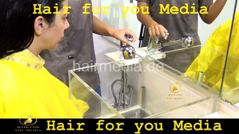 long hair and face wash 4 hand upright and forward yellow collar cape