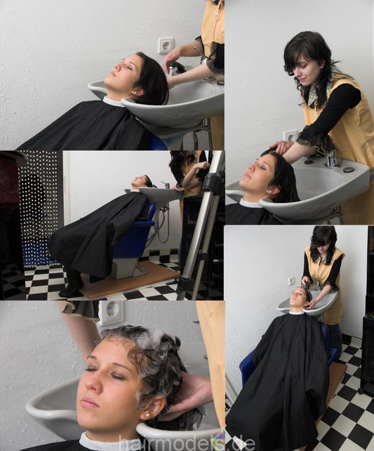 9009 Antonia backward shampoo by barberette student in apron