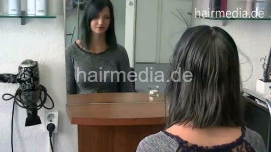 1213 Lilzi salon wetset then shampoo fresh styled hair upright by mature barberette