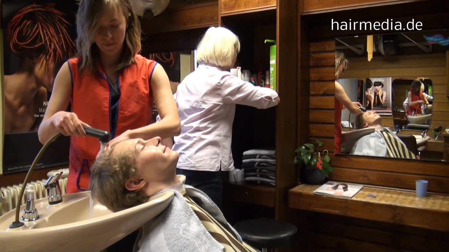 1008 Nic 1 smart barber gets this hair shampooed backward in salon by zipper apron barberette video