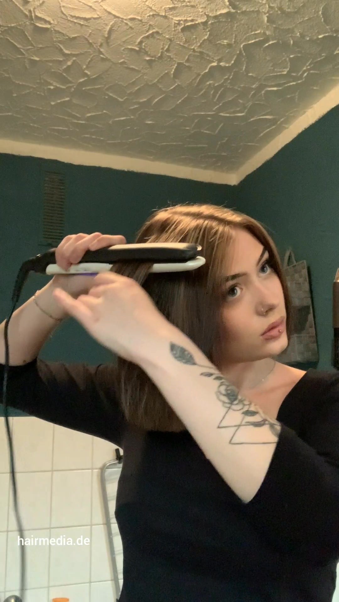 1089 PaulineF 200618 self forward wash at home in bathroom and blow and curling iron