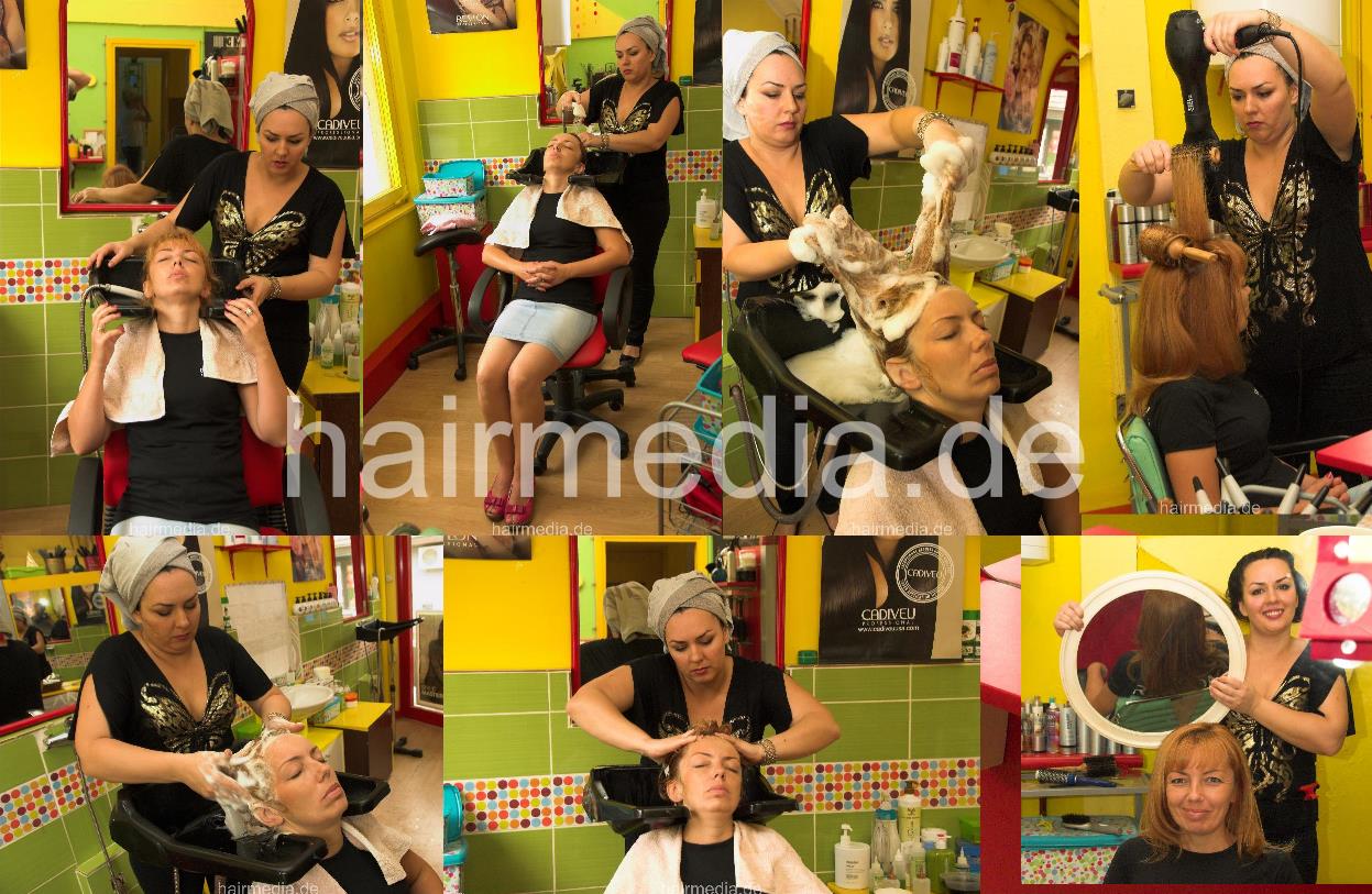 1134 Swetlana (the barberette) getting a shampoo and blow by her boss, Bojana