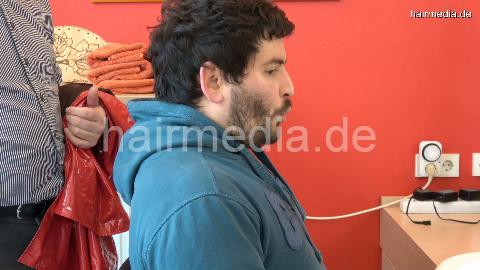 2021 Felix in leatherpants strong forwardwash hair ear and beard by barber in heavy red pvc cape
