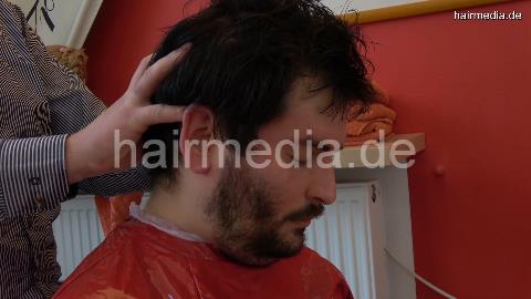 2021 Felix in leatherpants strong forwardwash hair ear and beard by barber in heavy red pvc cape