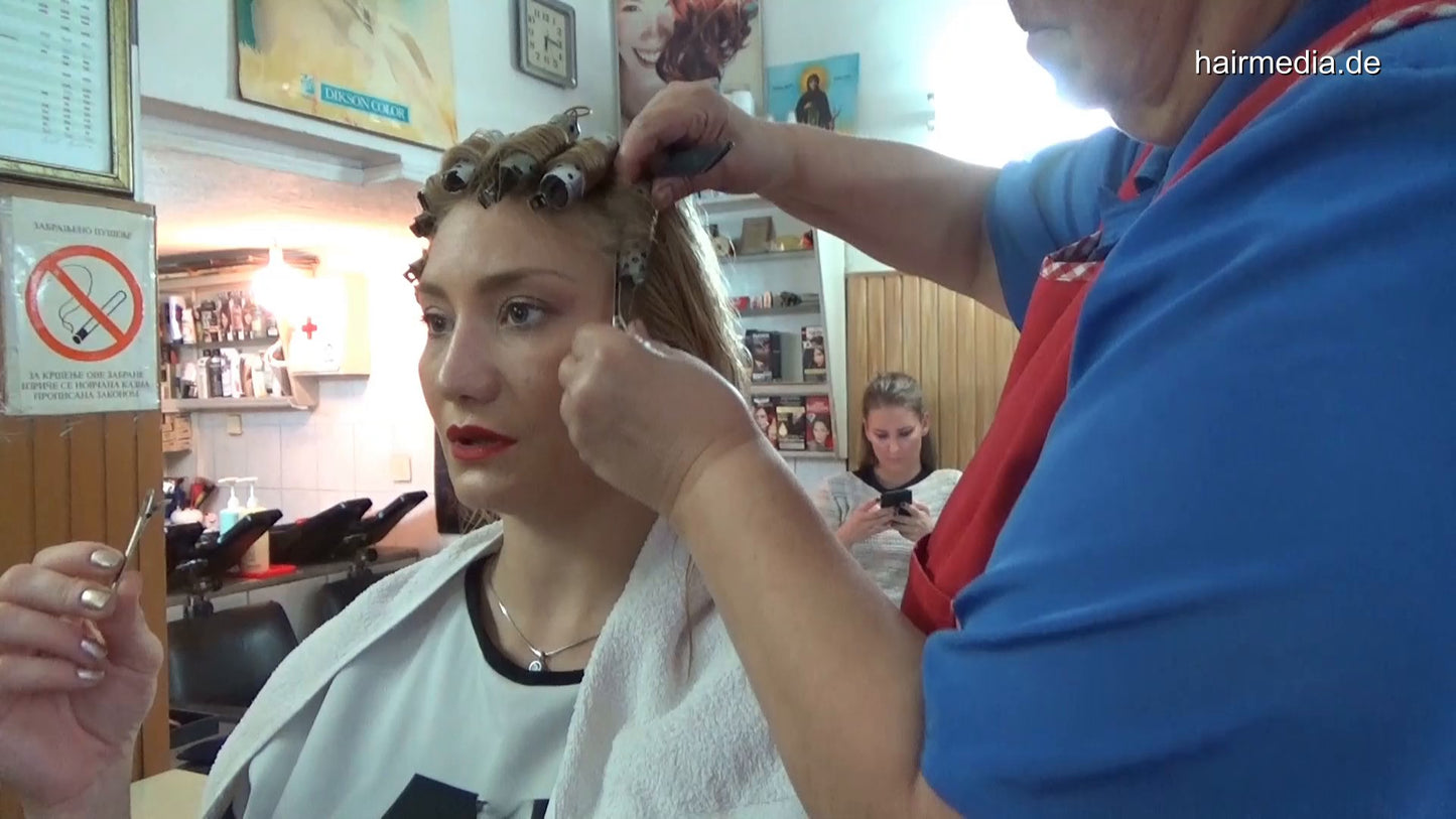 6196 Mimmy 2 blonde haircut and smoking wet set on metal rollers