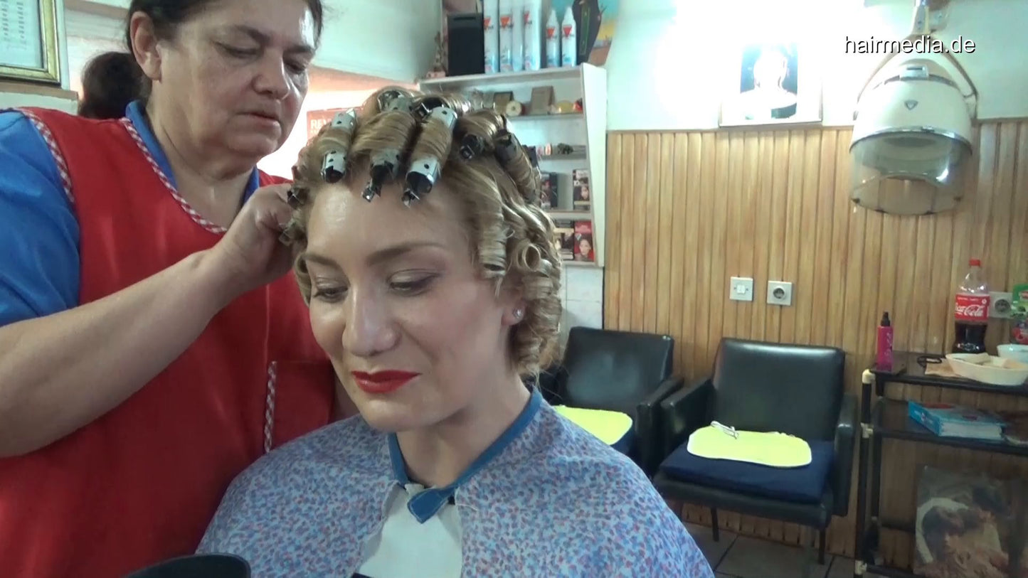 6196 Mimmy 2 blonde haircut and smoking wet set on metal rollers