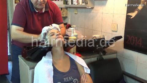 6196 SarahB 1 teen backward salon shampooing by barber in short pants