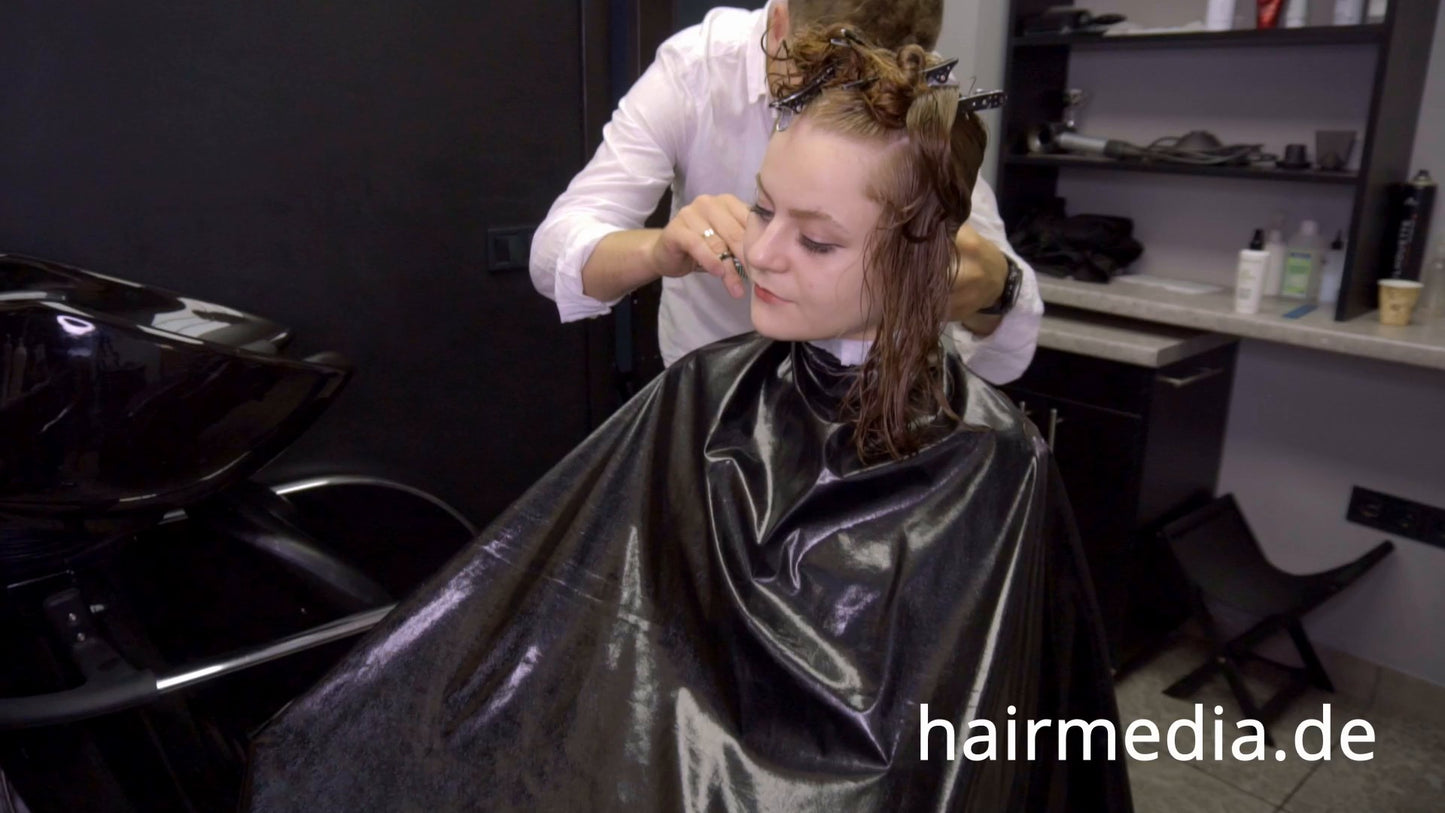 8169 Marianna teen shampoo and haircut in black laquer vinyl push button cape