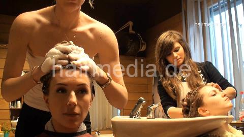 9051 KristinaB by hobbybarberette shampooist CarmenS upright manner in salon chair