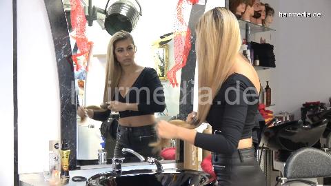 Zoya 1 XXL hair self shampooing in leatherpants in salon TRAILER