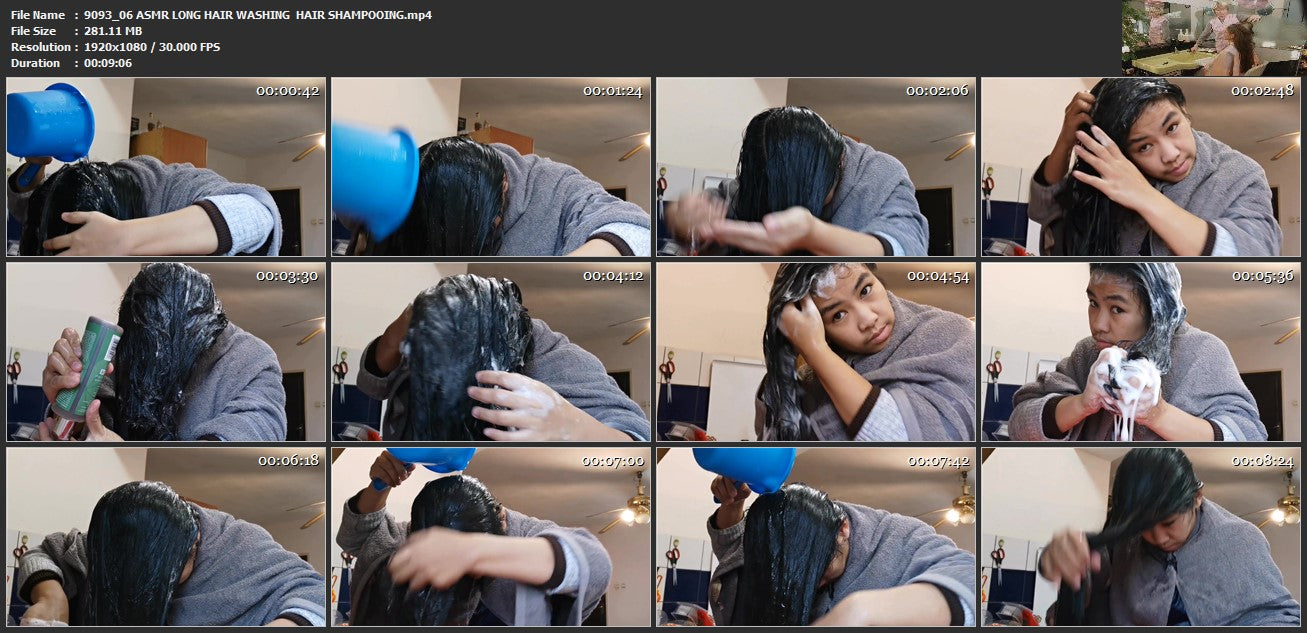 9093 06 ASMR LONG HAIR WASHING HAIR SHAMPOOING with bucket