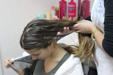 342 Teen Catarina long thick hair 1st salon visit ever, backward salon shampooing hairwash