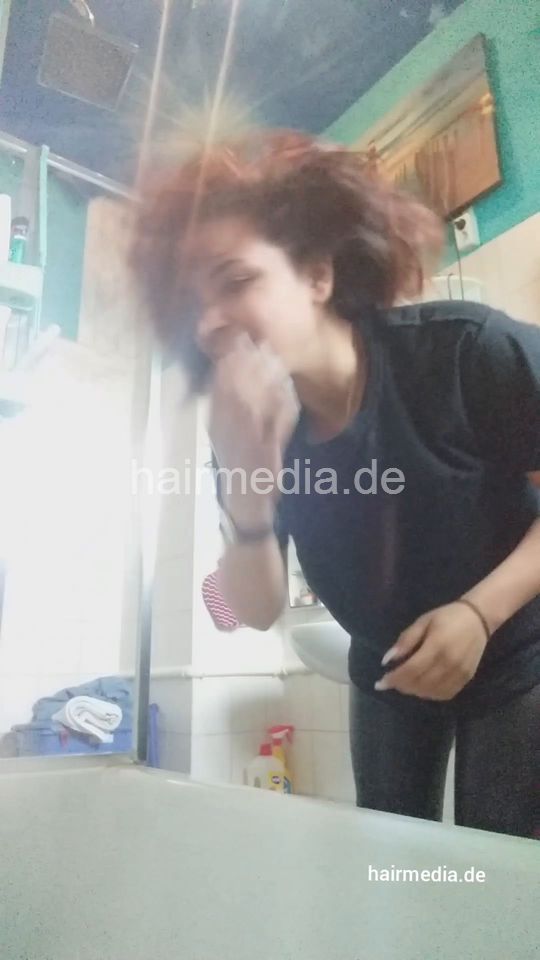 1076 Jamee in leatherpants home forward self shampooing over bathtub