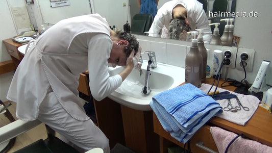 9032 fm JelenaB serbian barberette self forward shampoo in her salon bowl in white apron