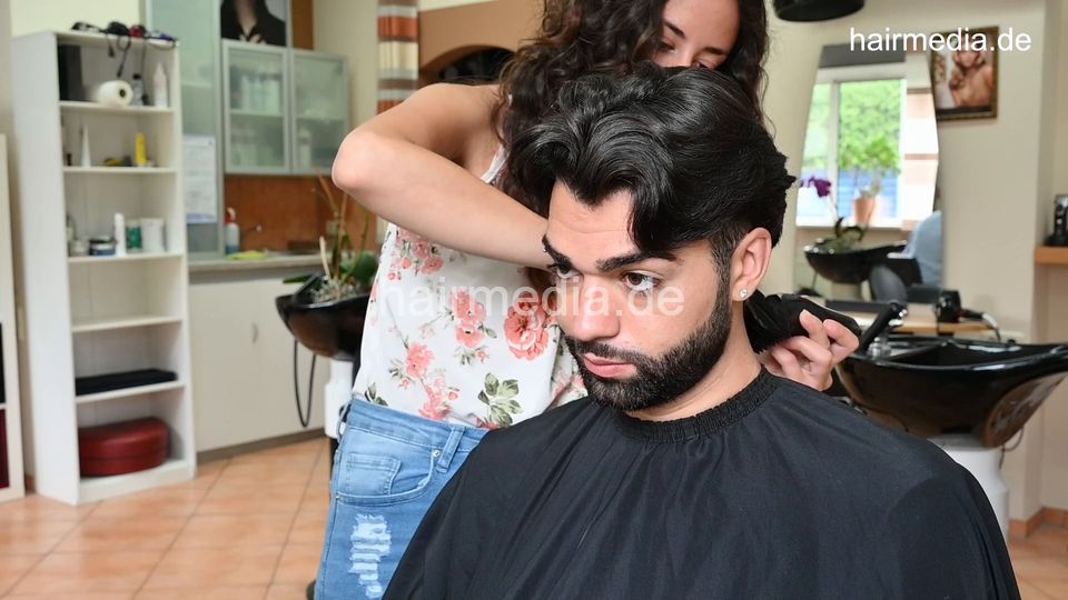 1207 Leyla cutting barber Maicol and doing beard