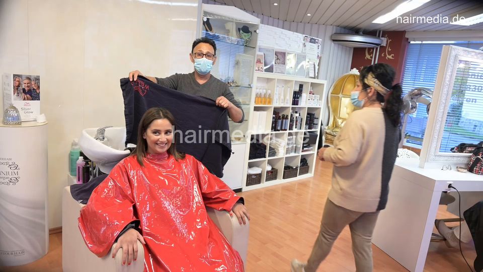 8158 Meriem 1 relaxing backward shampoo by barber in red pvc shampoocape