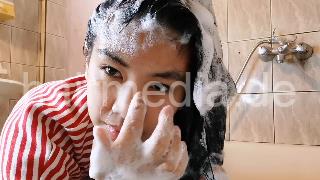 9093 17 Long Hair Red at bathtub forward backward and upright wash self