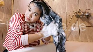 9093 17 Long Hair Red at bathtub forward backward and upright wash self