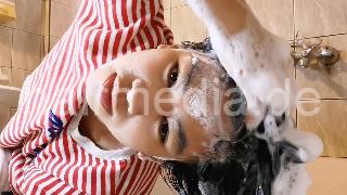 9093 17 Long Hair Red at bathtub forward backward and upright wash self