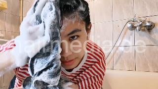 9093 17 Long Hair Red at bathtub forward backward and upright wash self