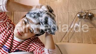 9093 17 Long Hair Red at bathtub forward backward and upright wash self