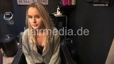 381 Sophie in black salon backward shampooing and haircut by barber