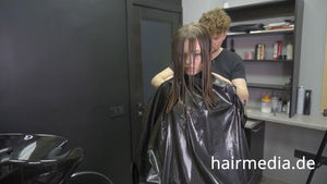 8165 Irina braces 2 haircut by Ukrainian barber in RSK leatherdress and black vinylcape complete