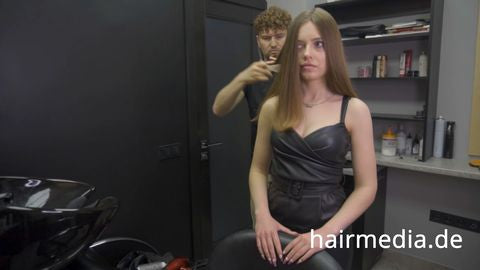 8165 Irina braces 2 haircut by Ukrainian barber in RSK leatherdress and black vinylcape complete