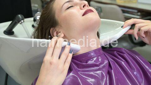 9146 KseniaK by barber ASMR backward salon shampooing in purple pvc vinyl shampoocape