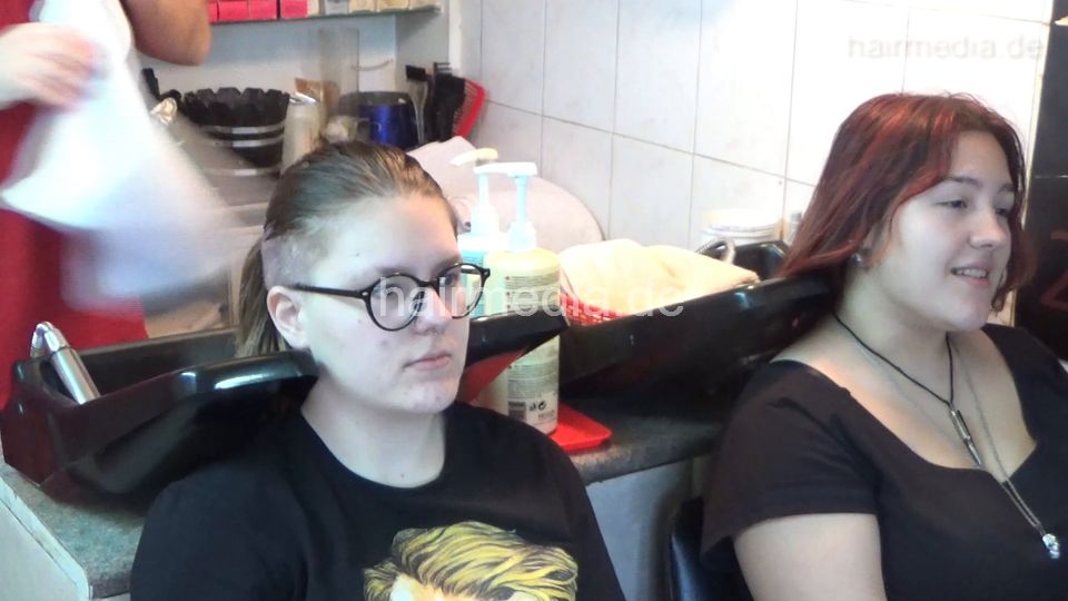 6207 young girls Masha 1 backward salon shampooing hair face and ear by barber wash