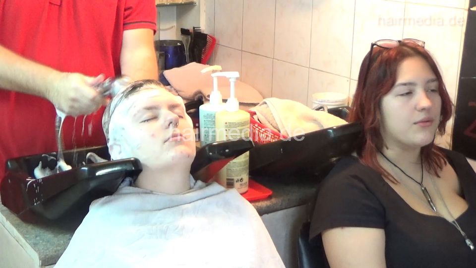 6207 young girls Masha 1 backward salon shampooing hair face and ear by barber wash