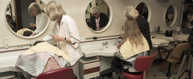 7019 Carmen 1 forward wash salon shampooing by mature barberette in white apron