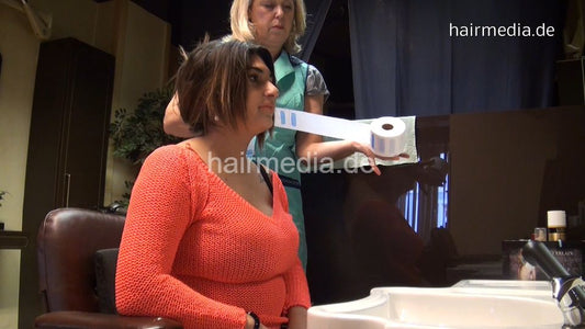 9056 Haleh by Renate forward wash salon shampooing in green apron thick hair