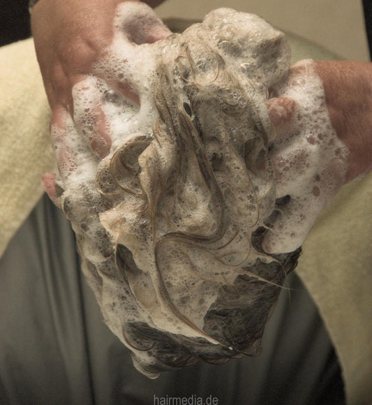 7019 Carmen 1 forward wash salon shampooing by mature barberette in white apron