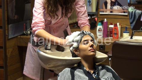 9065 Jemila 2 backward shampoo thick hair by OlgaG in pink nylon apron