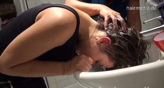 7079 KristinaB latex pants 5 final shampoo forward in bathroom by VanessaDG