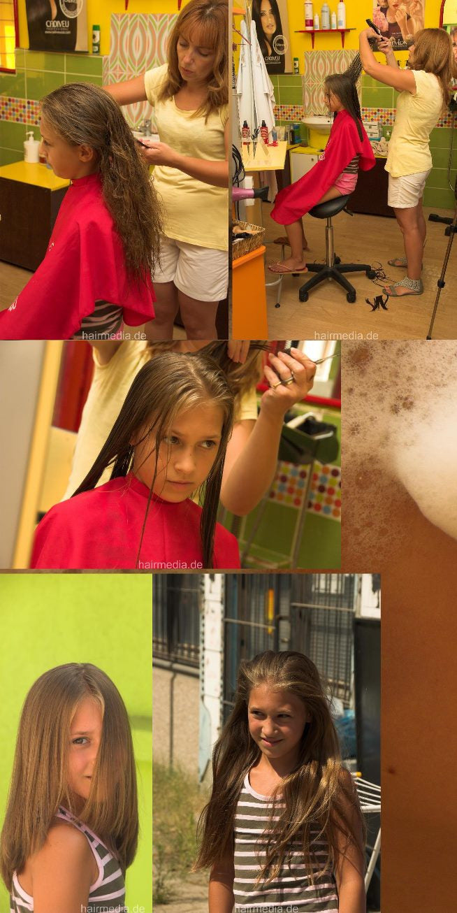 8083 Elena cut young girls hair cut in serbian salon in red cape