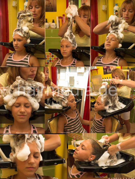 8083 Elena young girl strong backward wash in mobile sink, serbian salon