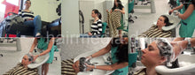 Load image into Gallery viewer, 350 Oxana by Jacqueline backward salon shampooing in green nylon apron