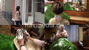 6158 Damaris 1 backward salon shampooing hairwash in heavy green plastic shampoocape