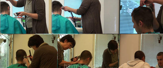 274 young man buzz by mature barberette in green cape