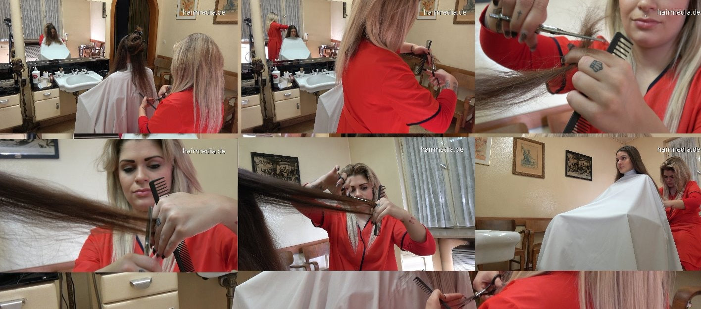 8150 MarieM by MariaK 2 dry cut in large cape in barbershop in barberchair
