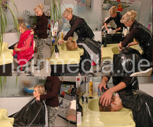 Load image into Gallery viewer, 720 LenaG 1 fake perm shampooing forward manner hairwash in black vinyl cape and apron