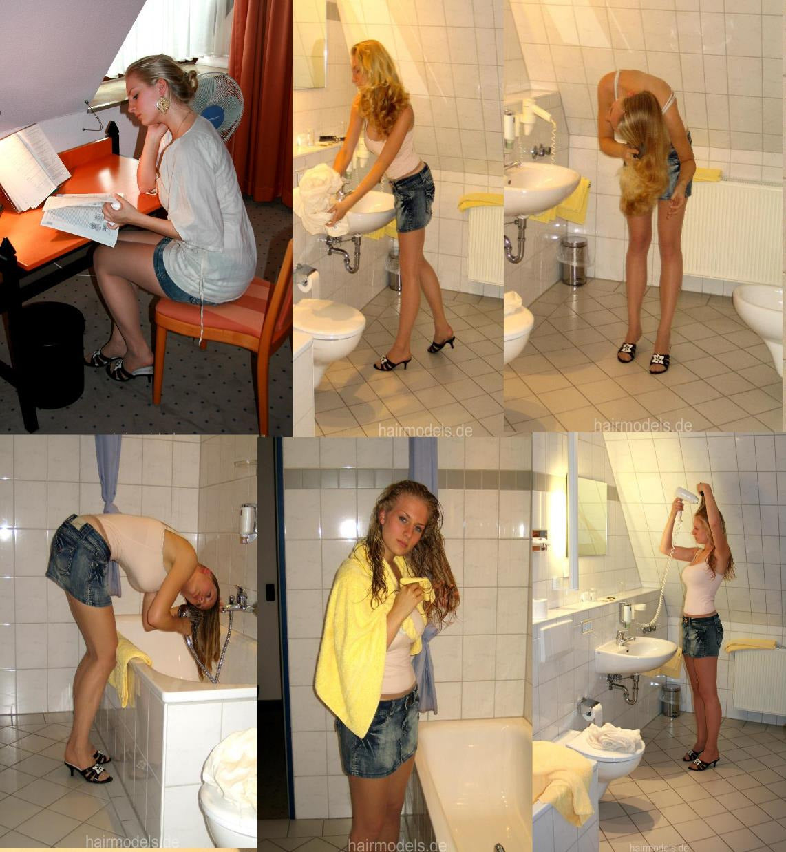 9010 college girl self shampooing in skirt at bathtub